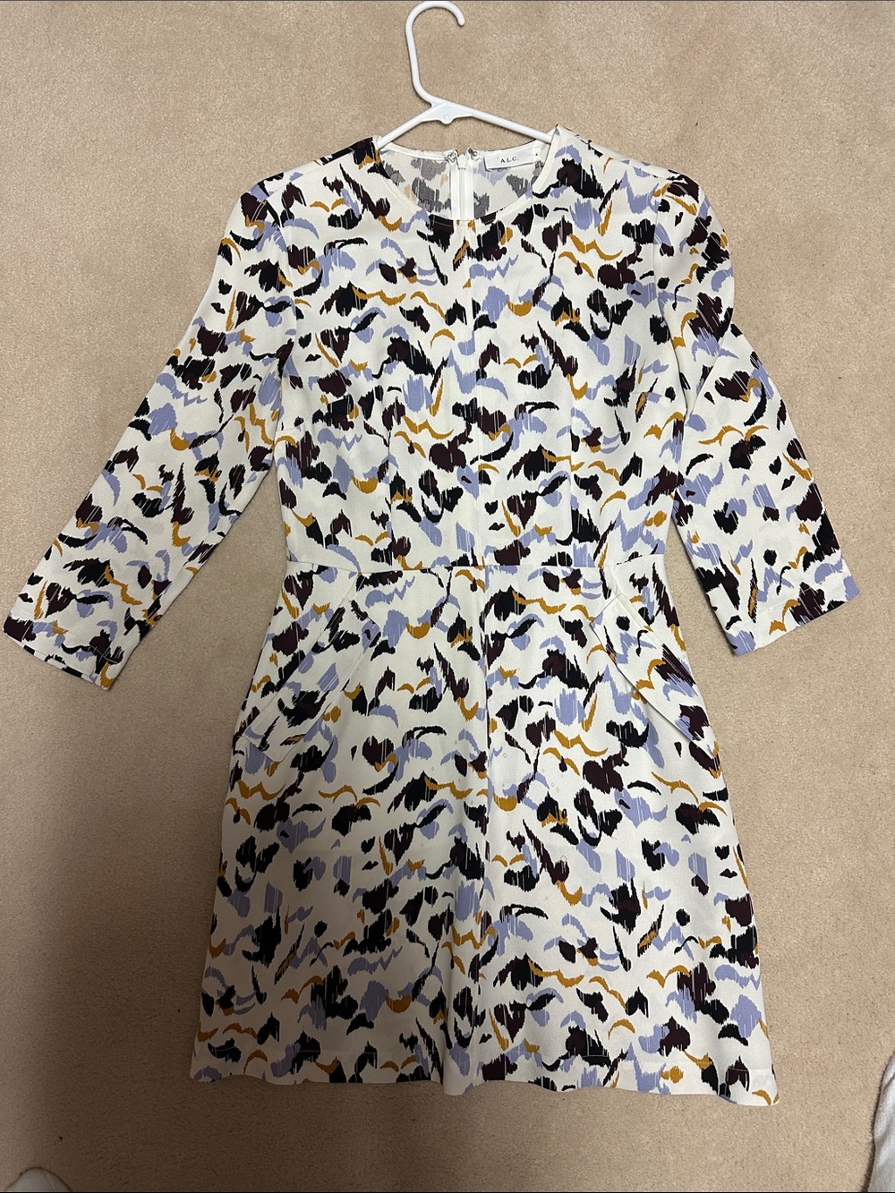 A.L.C. Cream Abstract Print Shift Dress with Black, Lavender & Mustard Accents